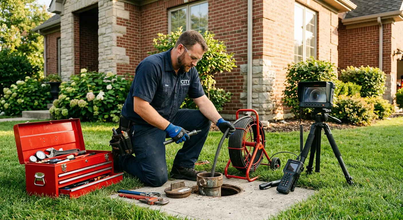 Sewer specialist with camera equipment servicing a cleanout in Portage