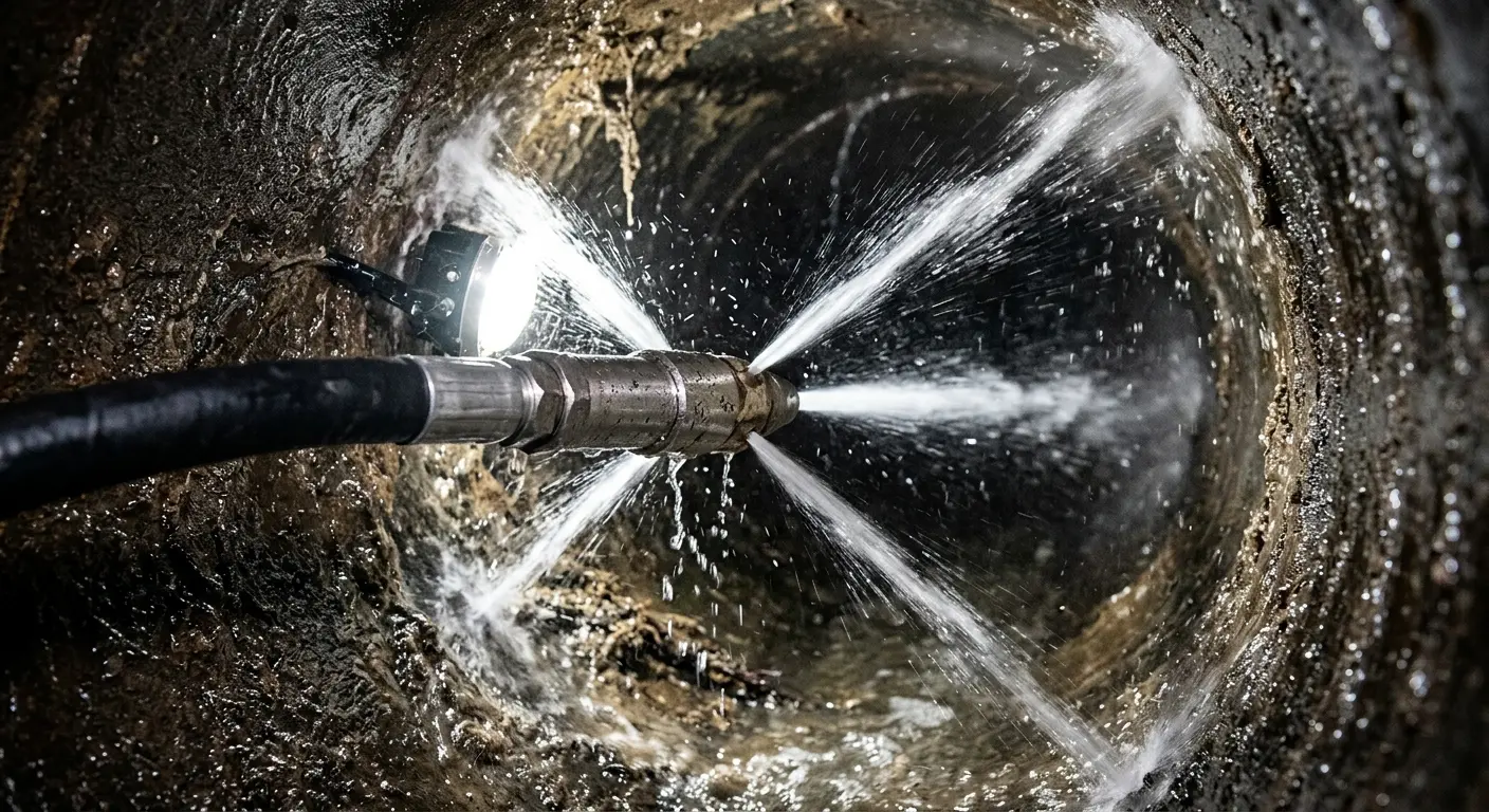 High-pressure hydro jetting nozzle cleaning sewer pipe for Trenchless Sewer Repair in Portage