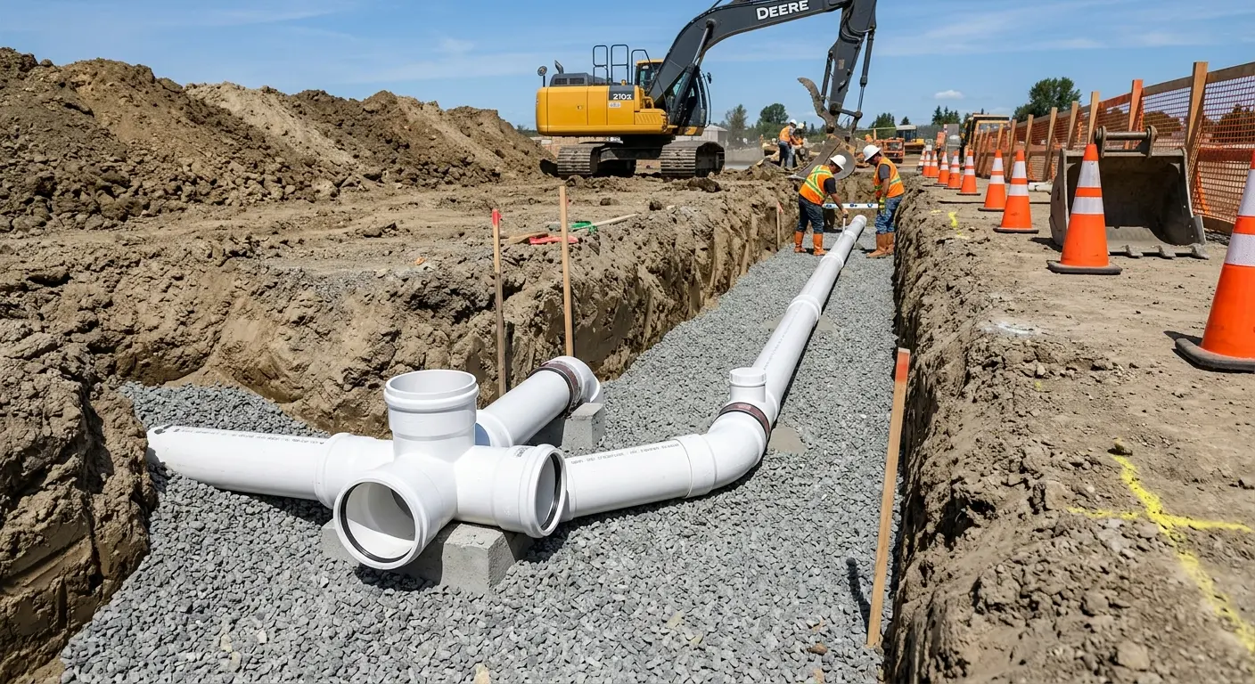 New PVC sewer pipe installation in open trench for Commercial Drain Cleaning in Portage
