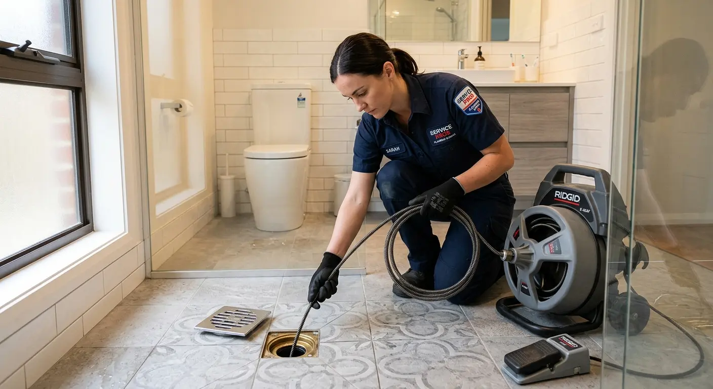 Technician clearing a bathroom floor drain for Clogged Drain Repair in Portage